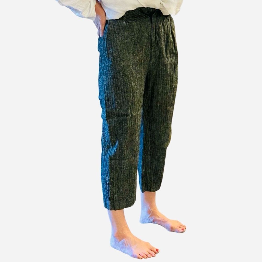 Flax Linen Fei Se Gray Black Ankle Crop High Waist Lagenlook Minimalist Pants S